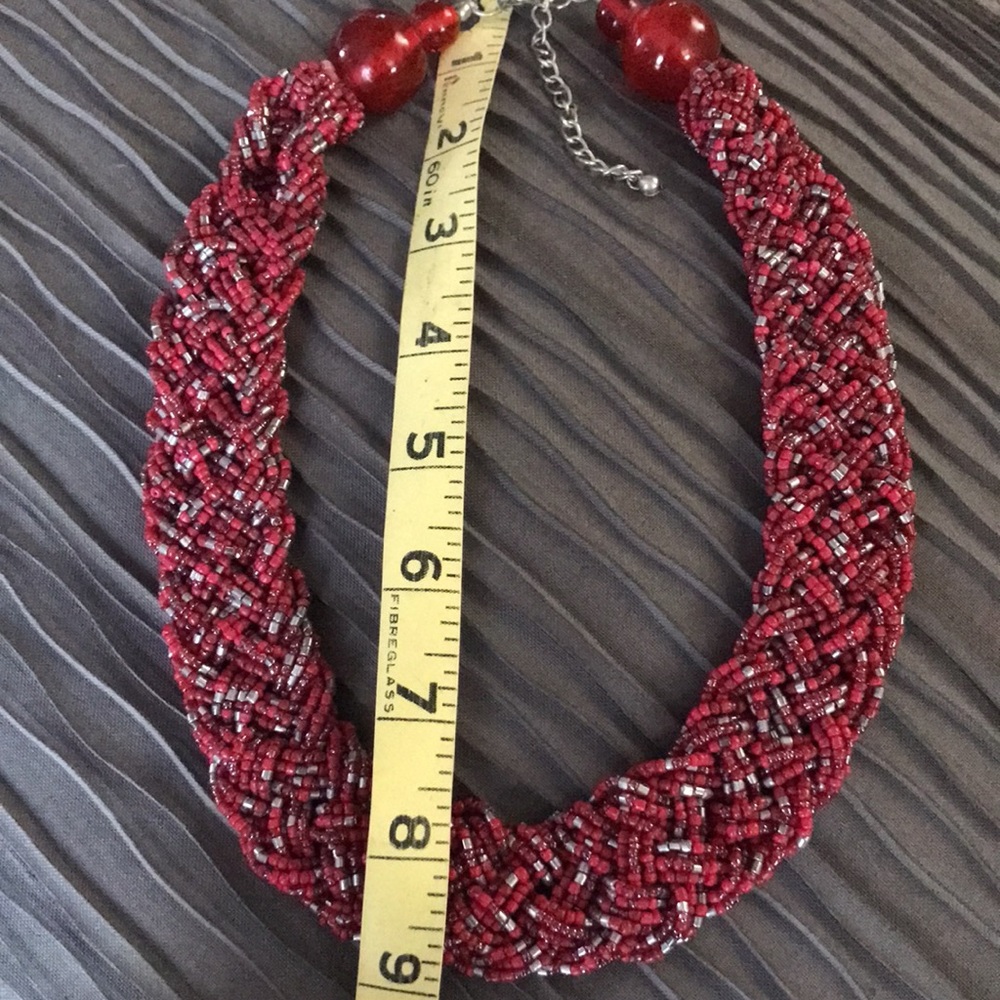 Red Beaded Braid Statement Necklace Silver Tone 1… - image 4